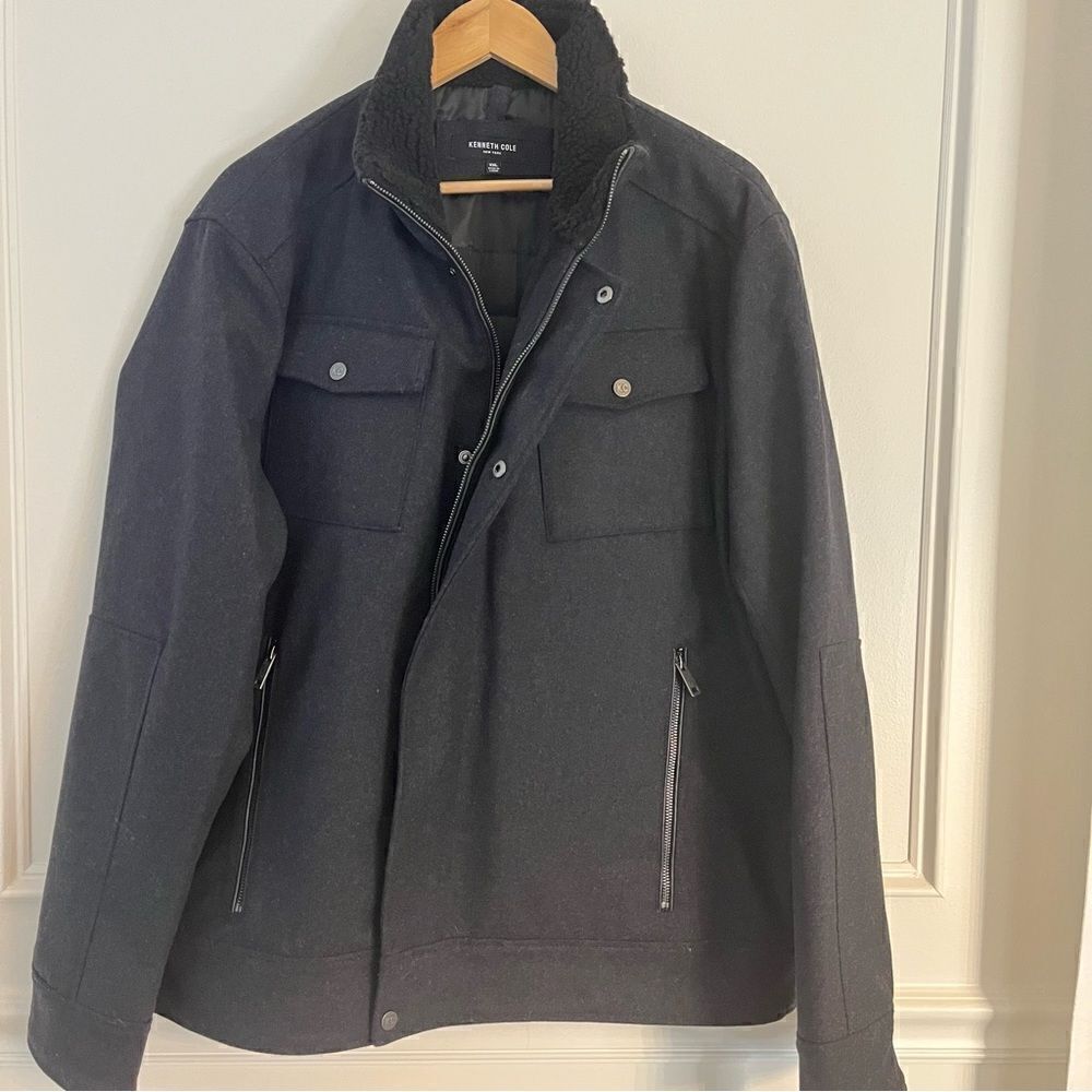 Kenneth Cole Faux Shearling Collar Wool Blend Men’s Black Trucker Jacket XXL NWT